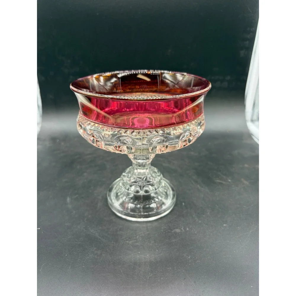 Vintage Ruby Stained Flash Glass Compote Pedestal Candy Dish Clear Pressed‎ Base